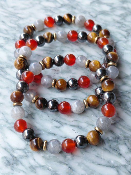 Bracelet Labradorite, Hématite, Cornaline Rouge & Œil de Tigre – Protection, Confiance et Vitalité